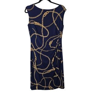 Lauren Ralph Lauren Navy Blue Gold‎ Chain Print Sheath Dress Knit Jersey Size 10